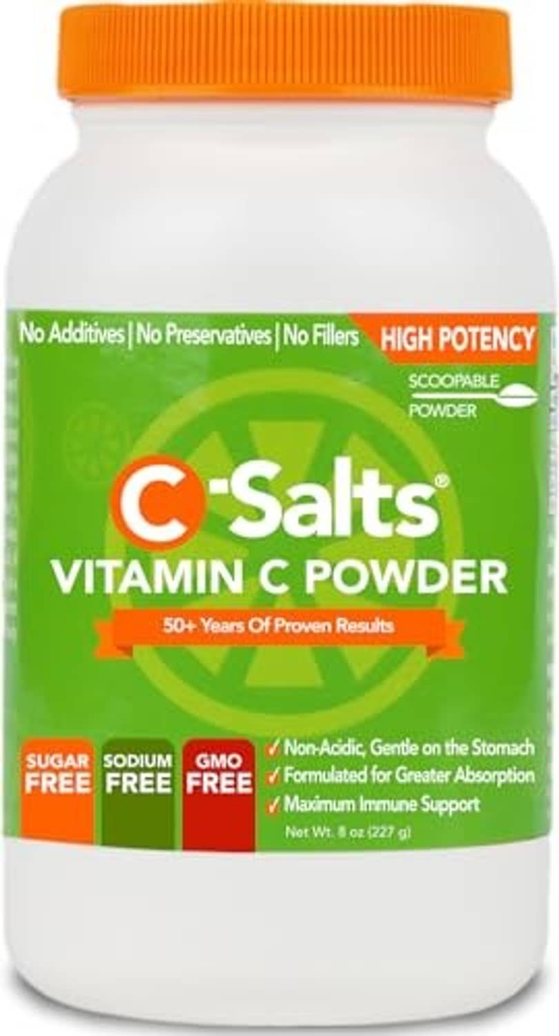 Vitamin C powder supplement jar with orange cap and green C-Salts label.