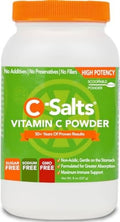 Vitamin C powder supplement jar with orange cap and green C-Salts label.