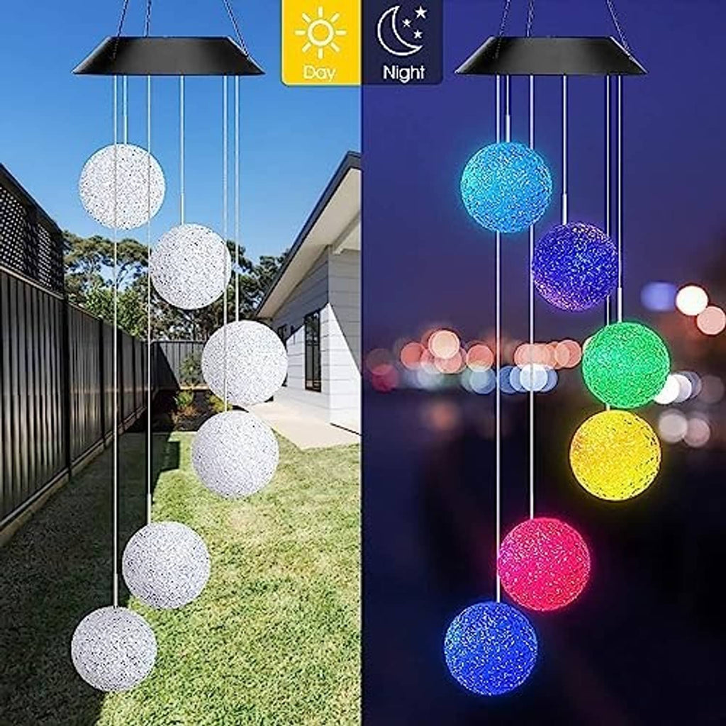 Solar wind chime with hanging glitter crystal balls, lit colors for day and night use
