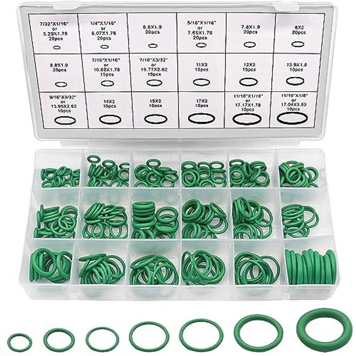 A/C O-ring seal set in compartments, with green O-rings laid out below