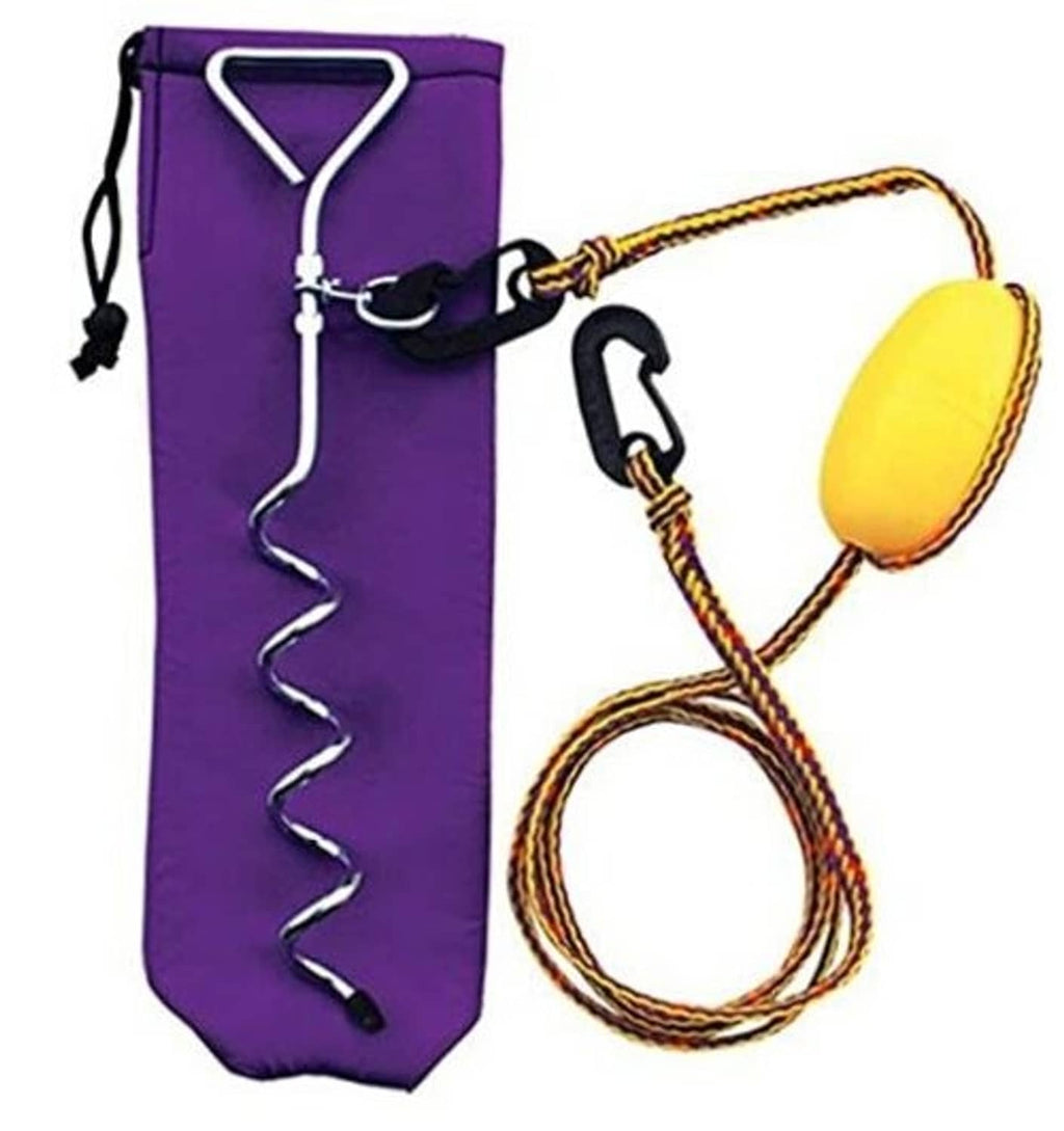 Purple anchor bag with coiled rope, carabiners, and yellow flotation