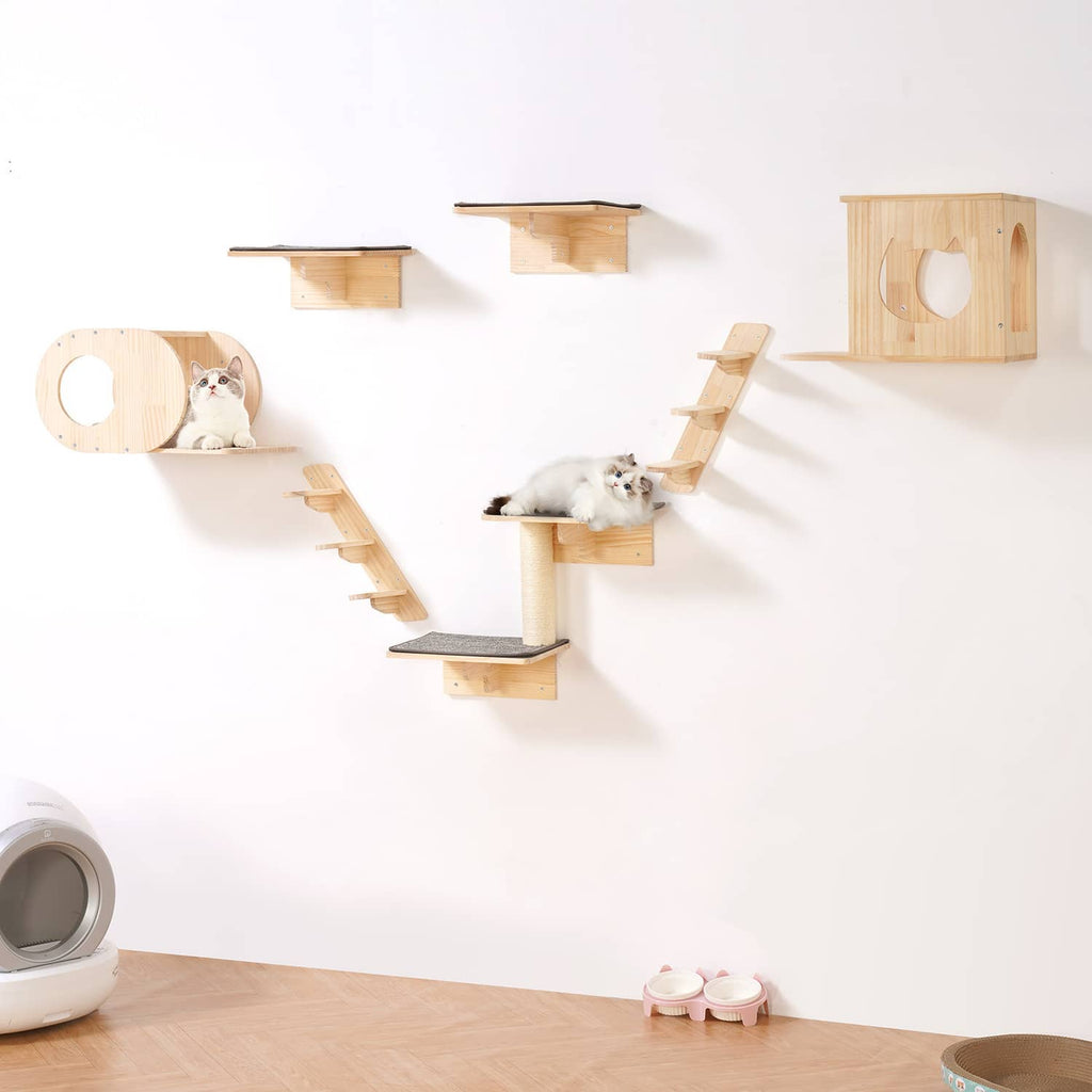 Wall-mounted cat shelf tree set with light wood platforms, ramp steps, and sisal-wrapped post