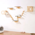 Wall-mounted cat shelf tree set with light wood platforms, ramp steps, and sisal-wrapped post