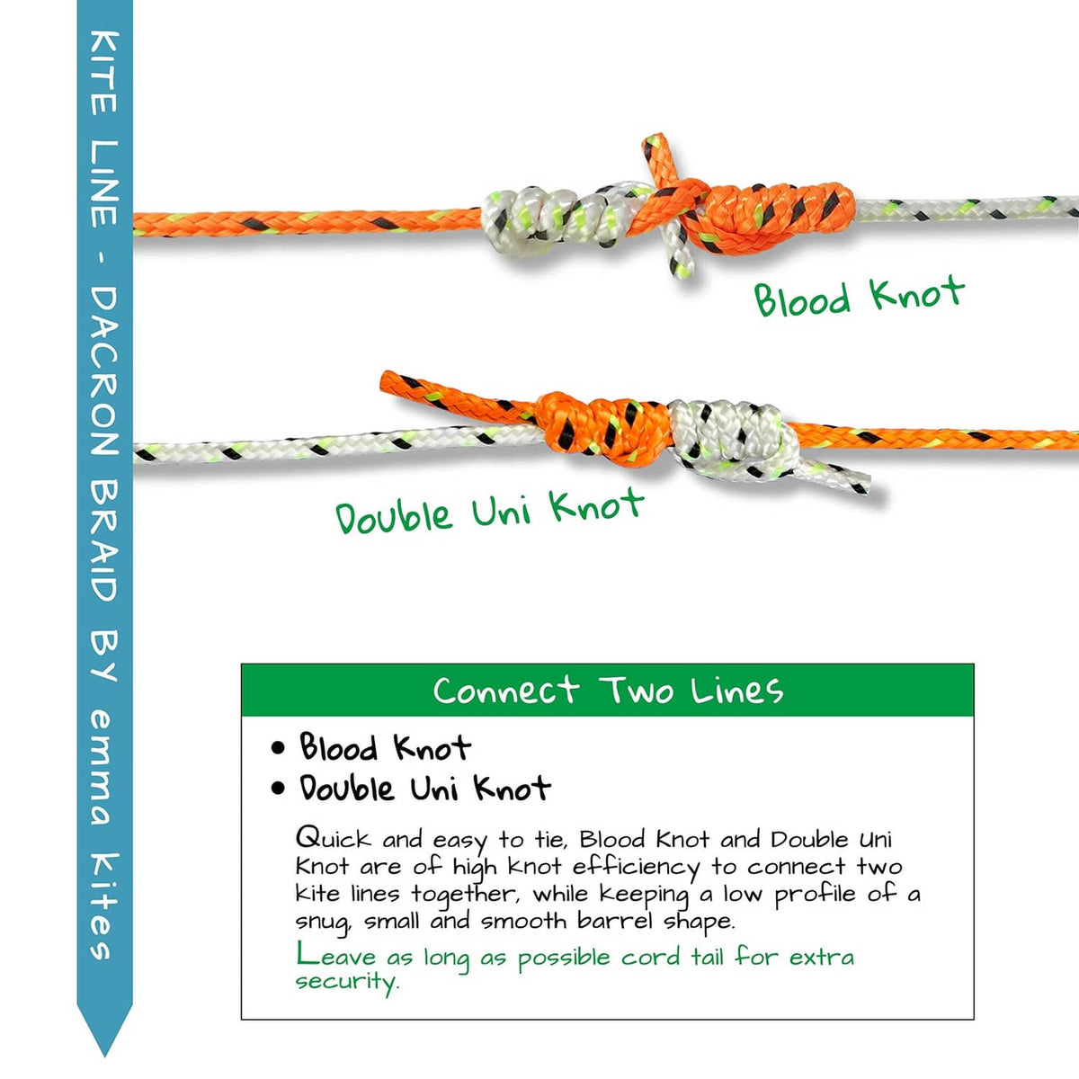 Two-line connection diagram showing blood knot and double uni knot on braided line.