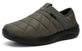 Army green quilted slip-on slippers with ribbed elastic collar and black rubber sole