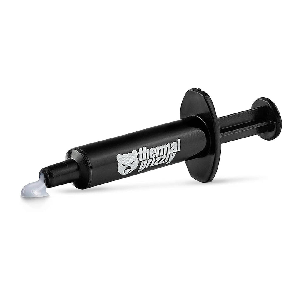 Thermal Grizzly thermal paste syringe with a small bead of paste at nozzle