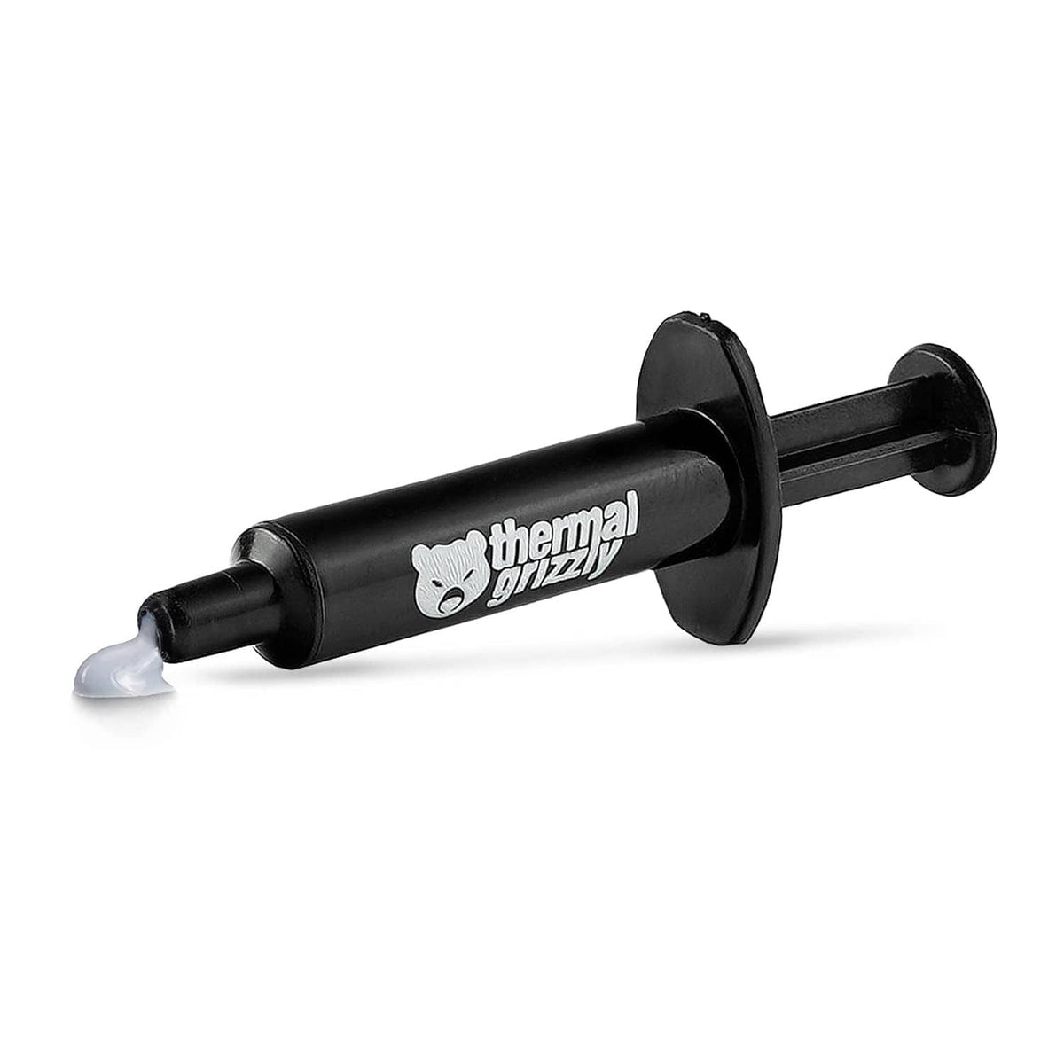Thermal Grizzly thermal paste syringe with a small bead of paste at nozzle