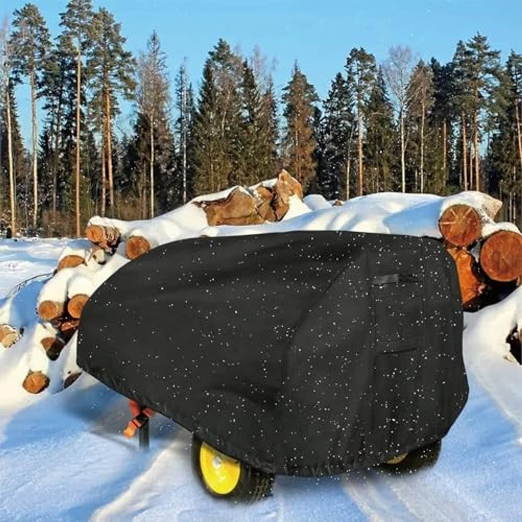 Black waterproof log splitter cover fully covering a wheel-mounted splitter in snow.