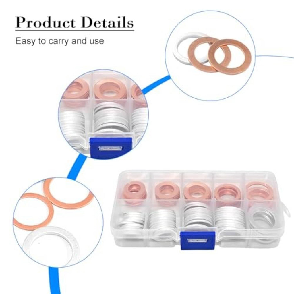 Oil drain plug crush washer assortment in clear case with copper and silver ring washers