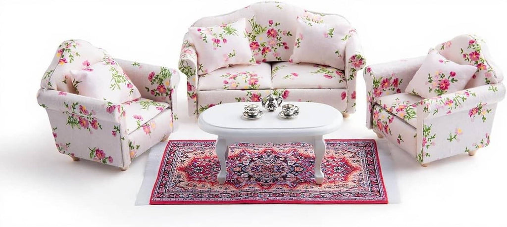Floral dollhouse living room set: loveseat, round white coffee table, and two armchairs