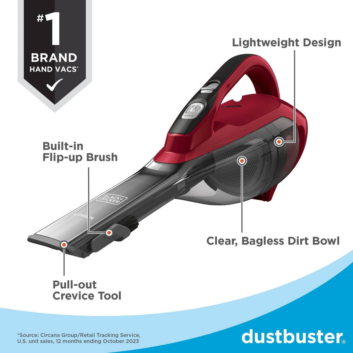 Cordless handheld vacuum in red and black with clear bagless dirt bowl and flip-up brush