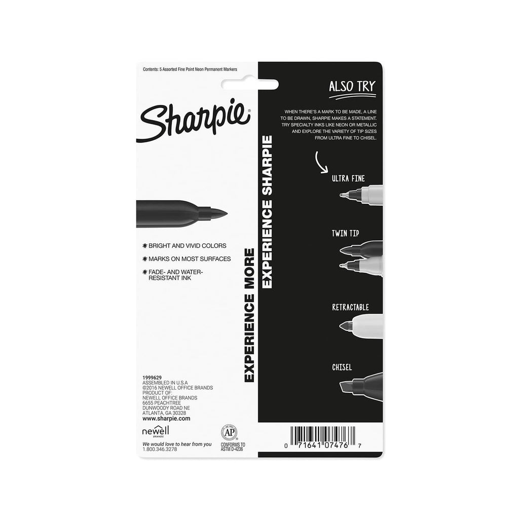 Sharpie neon permanent markers retail package back with feature icons and text