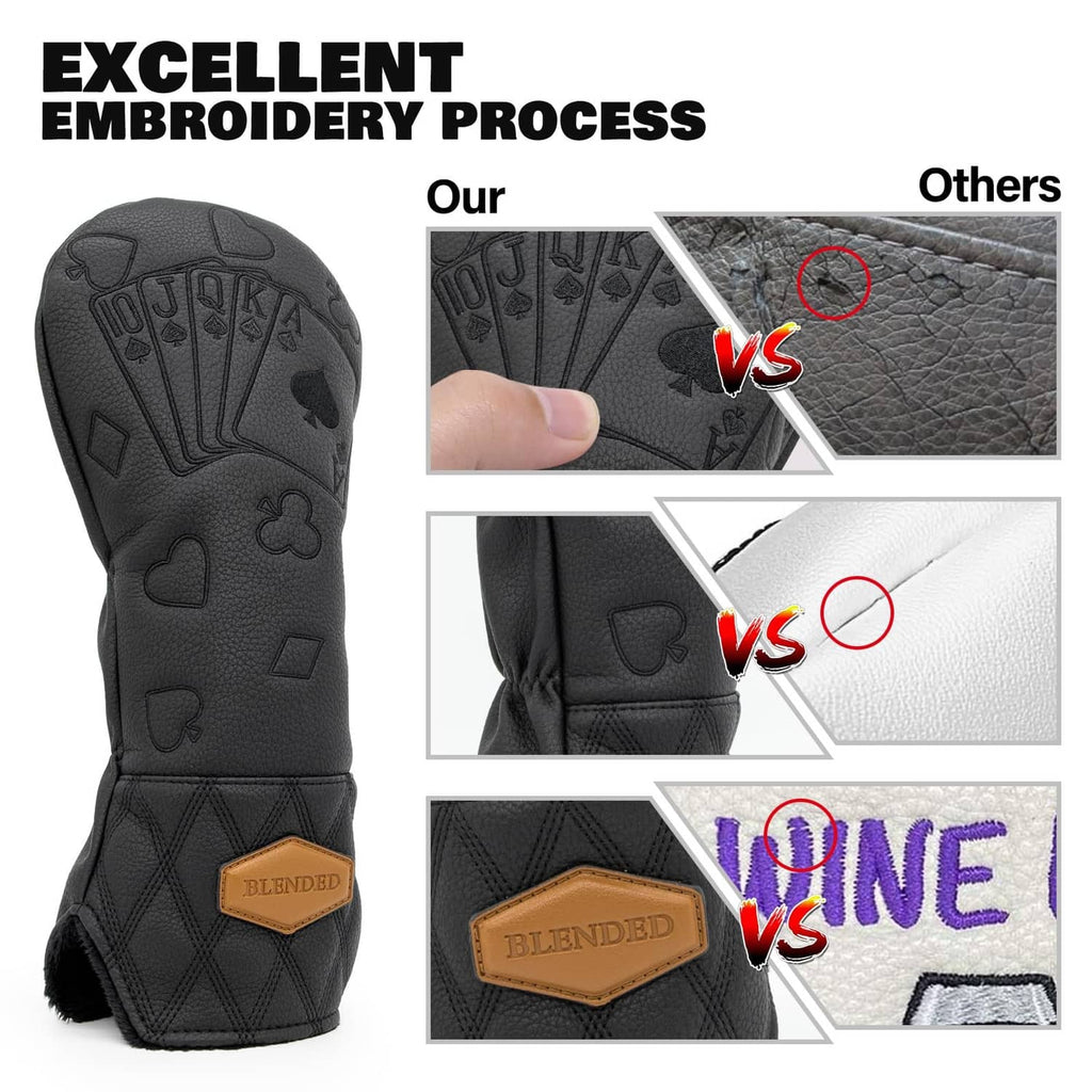 Black golf club driver head cover with embossed poker design and tan logo patch.