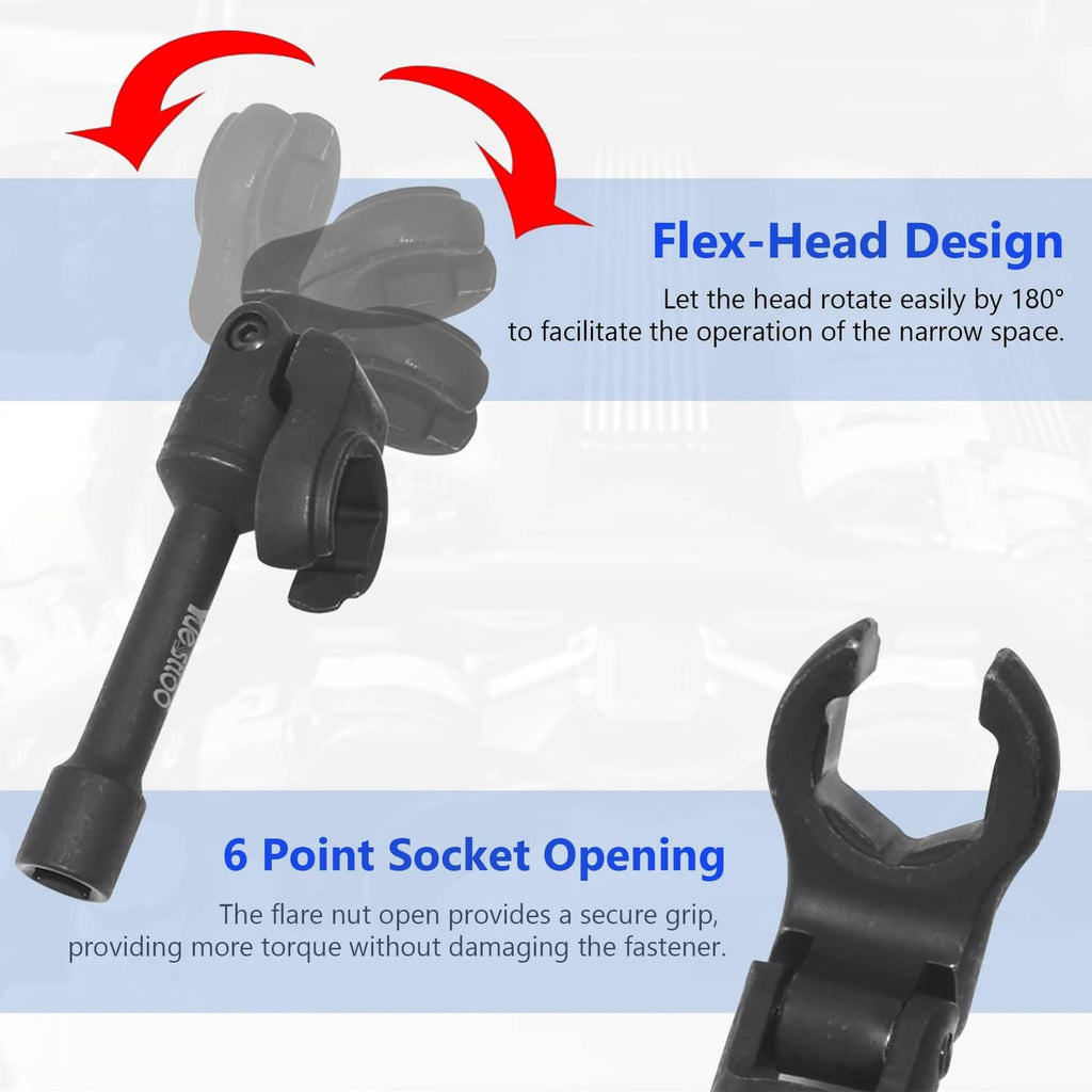 Black flex-head line wrench with angled rotating head for tight spaces