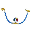 Car AC refrigerant hose kit with blue hose, gold couplers, and pressure gauge