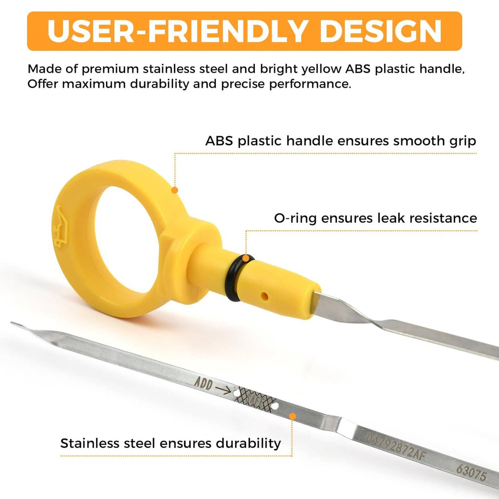 Engine oil dipstick close-up with yellow handle, o-ring, and stainless steel blade