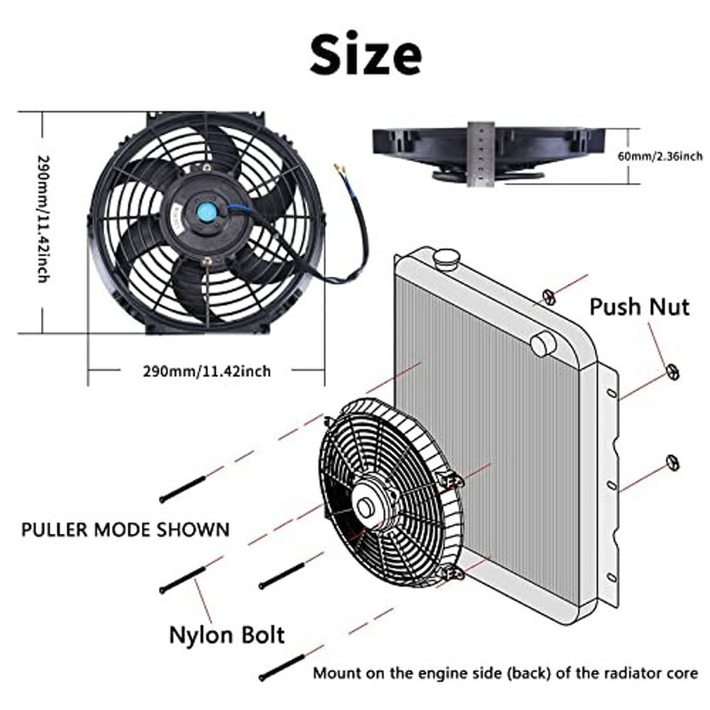 10-inch black radiator cooling fan with push-nut mounting and illustrated installation