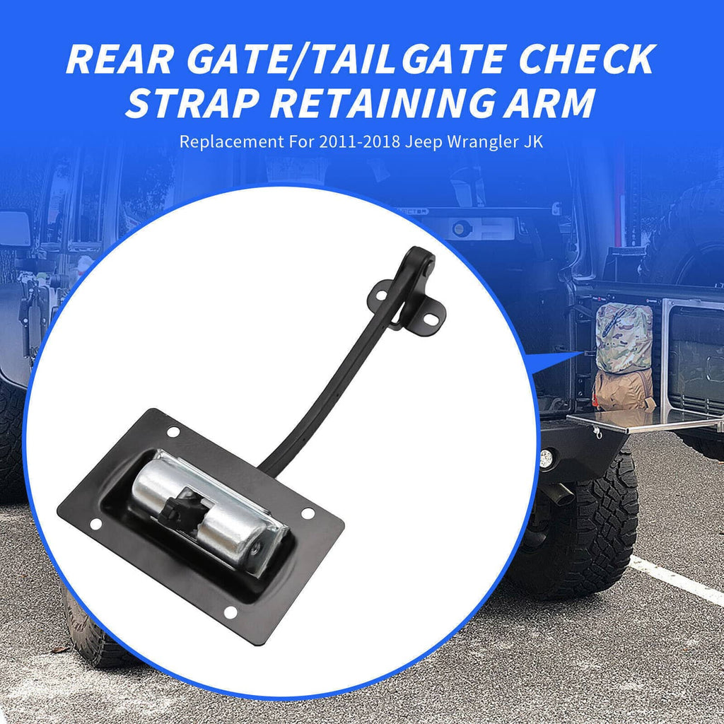 Check strap retaining arm assembly with black arm and silver latch on rear door