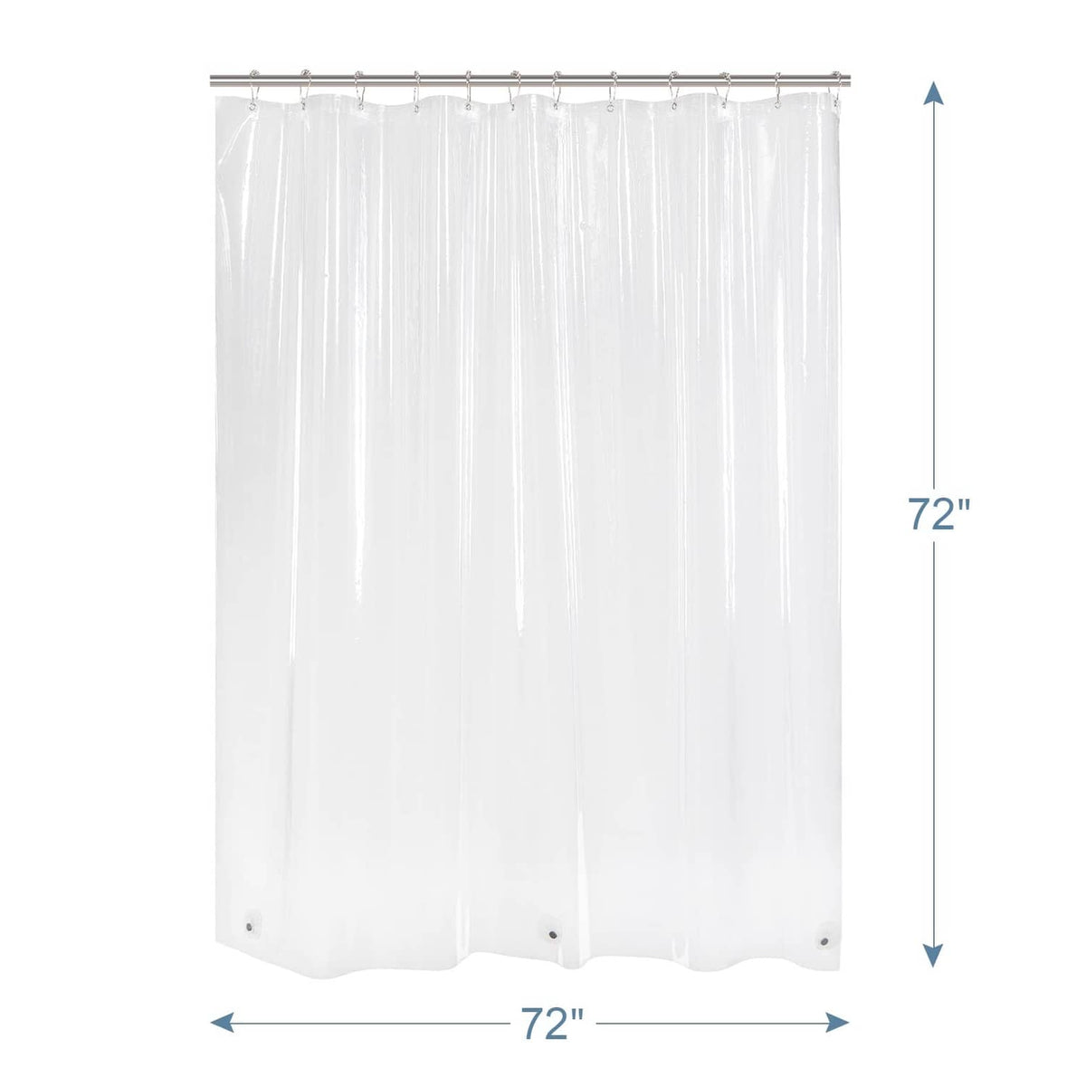 Transparent shower curtain liner, 72 by 72 inches with bottom grommets