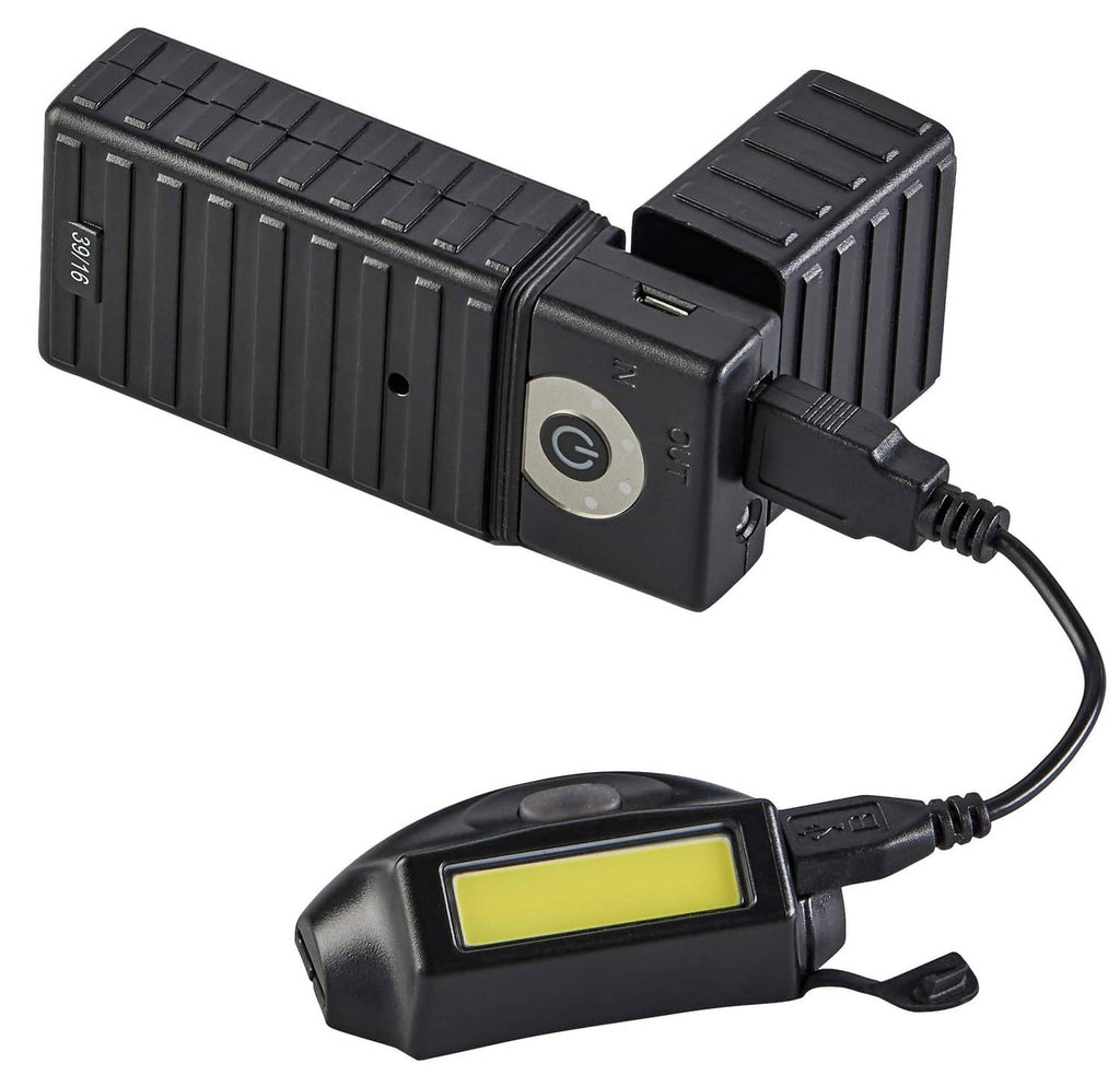 Black Streamlight Bandit headlamp with ribbed battery pack, yellow light window, cable attached