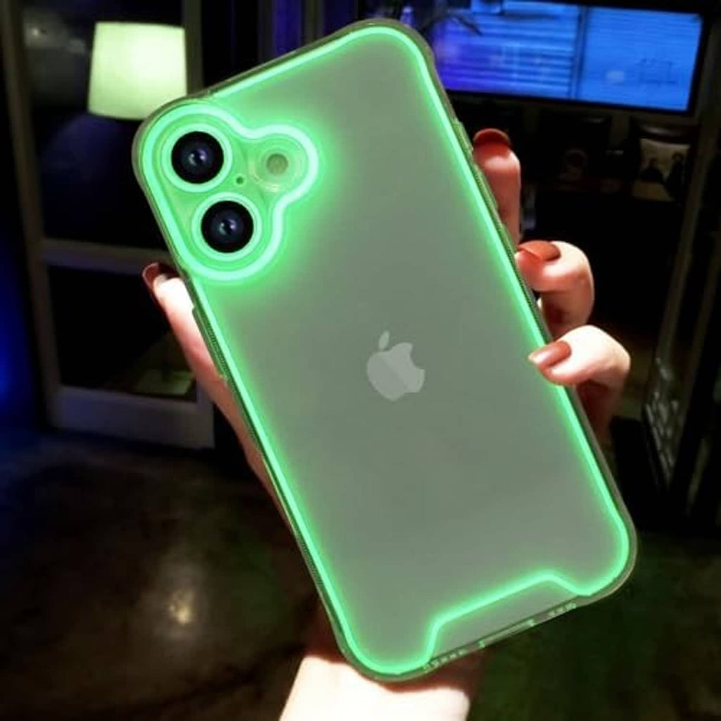 Green transparent phone case with glowing edges and dual camera module cutouts.