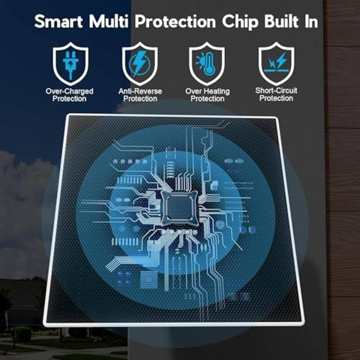 Solar panel with built-in smart protection chip showing overcharge and short-circuit protection