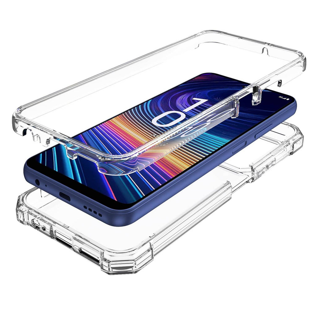 Clear rugged phone case with raised edges, visible side buttons and camera opening