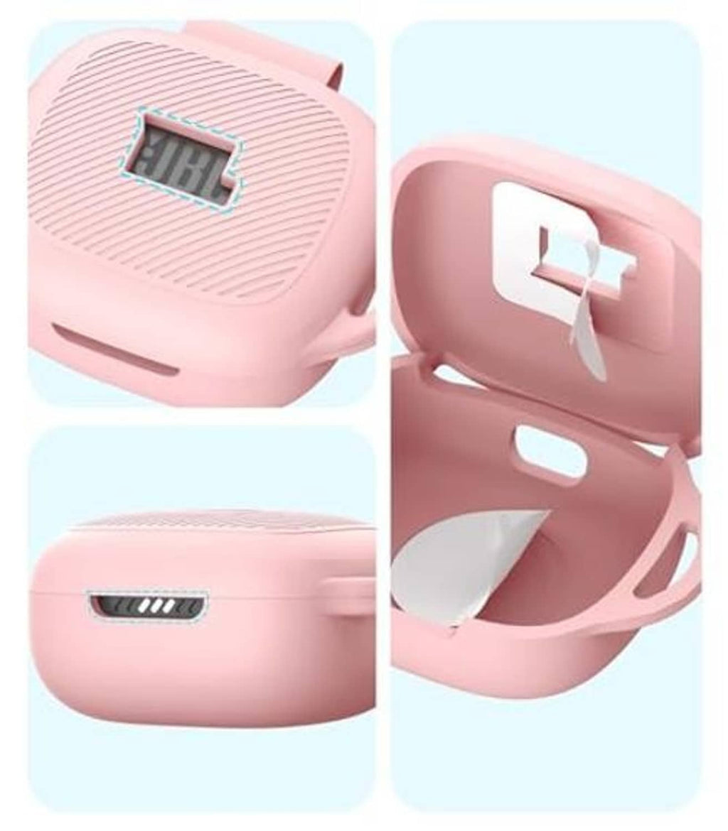 Pink earbud case cover with visible HIRH logo and open rear port details
