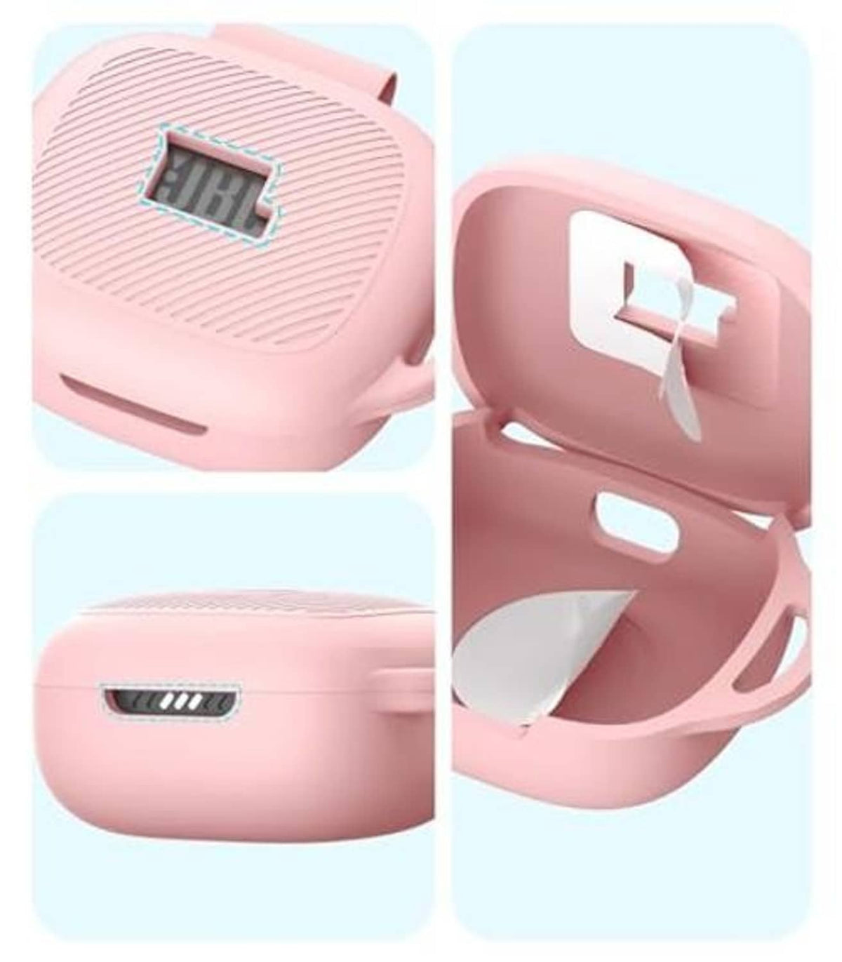 Pink earbud case cover with visible HIRH logo and open rear port details