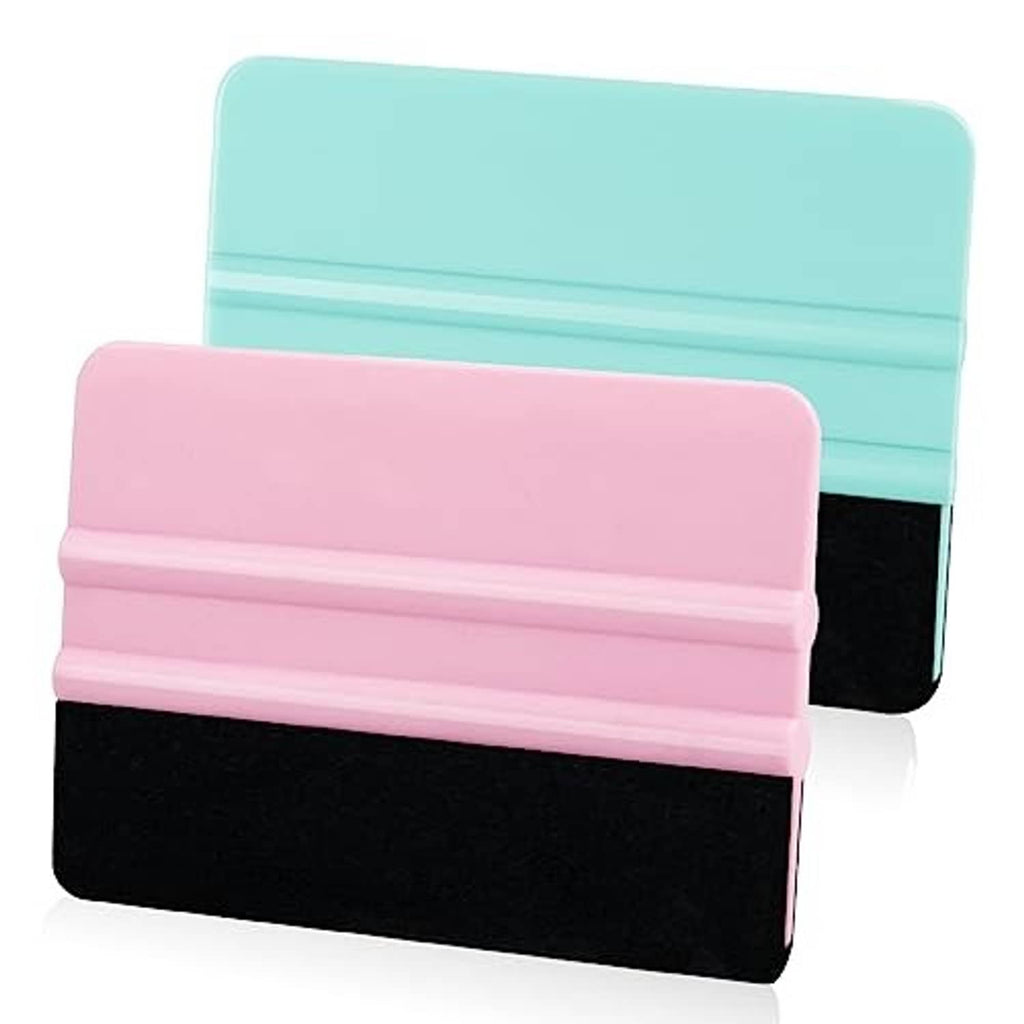 Teal and pink vinyl squeegees with black felt pads, two-pack close-up view
