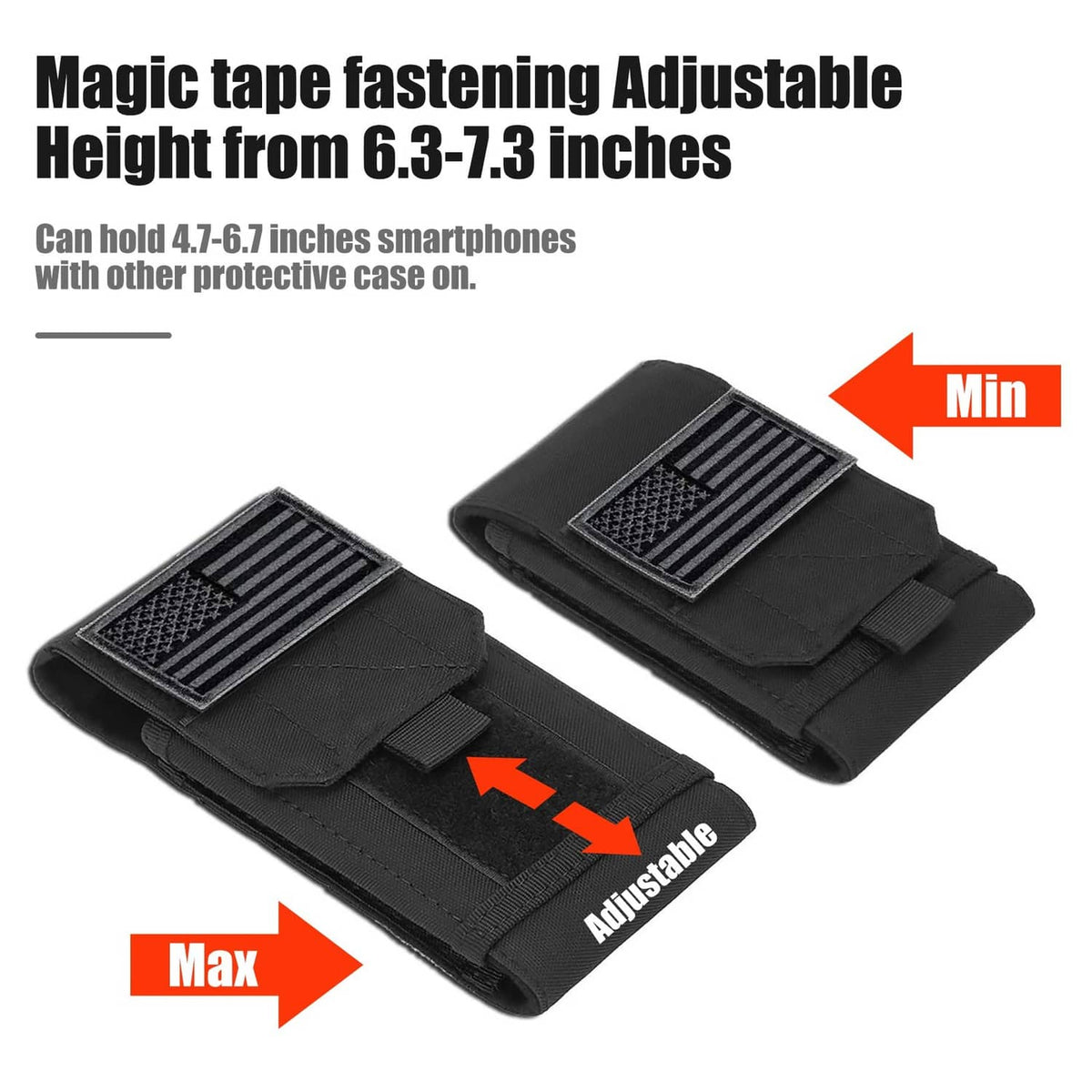 Black adjustable tactical phone pouch with hook-and-loop closure and height range