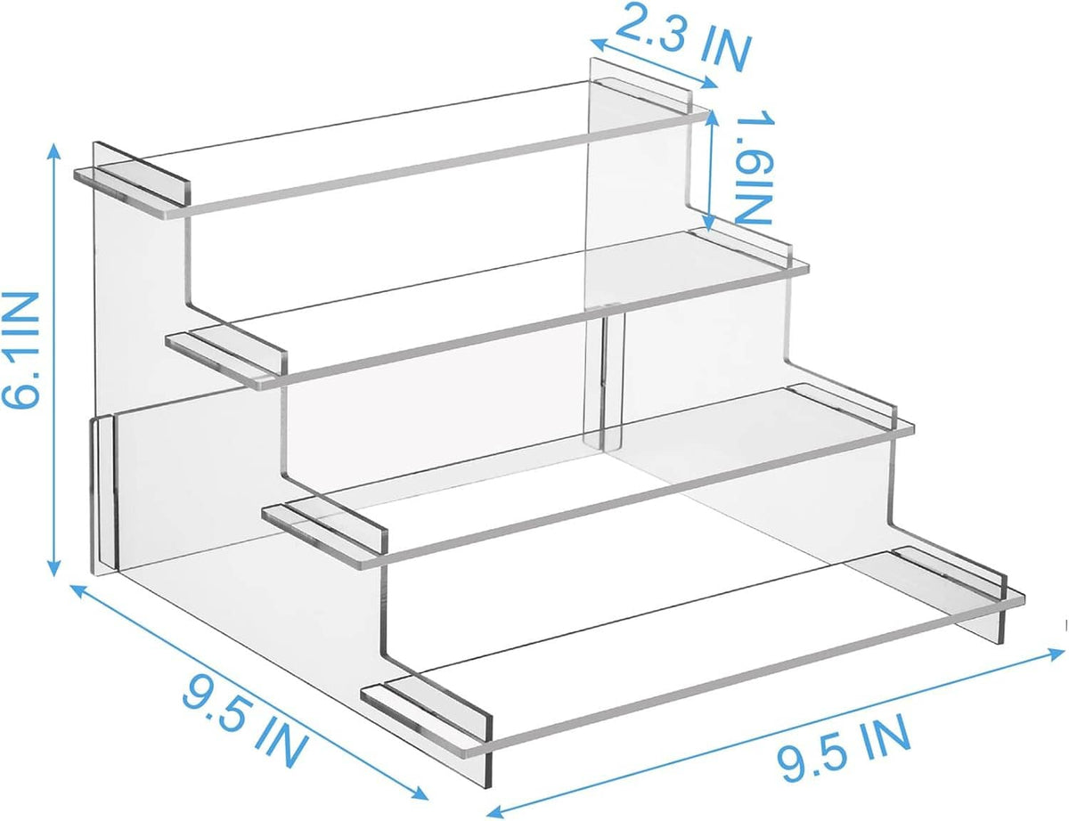 Clear 4-tier acrylic display riser with dimensions labeled on the frame