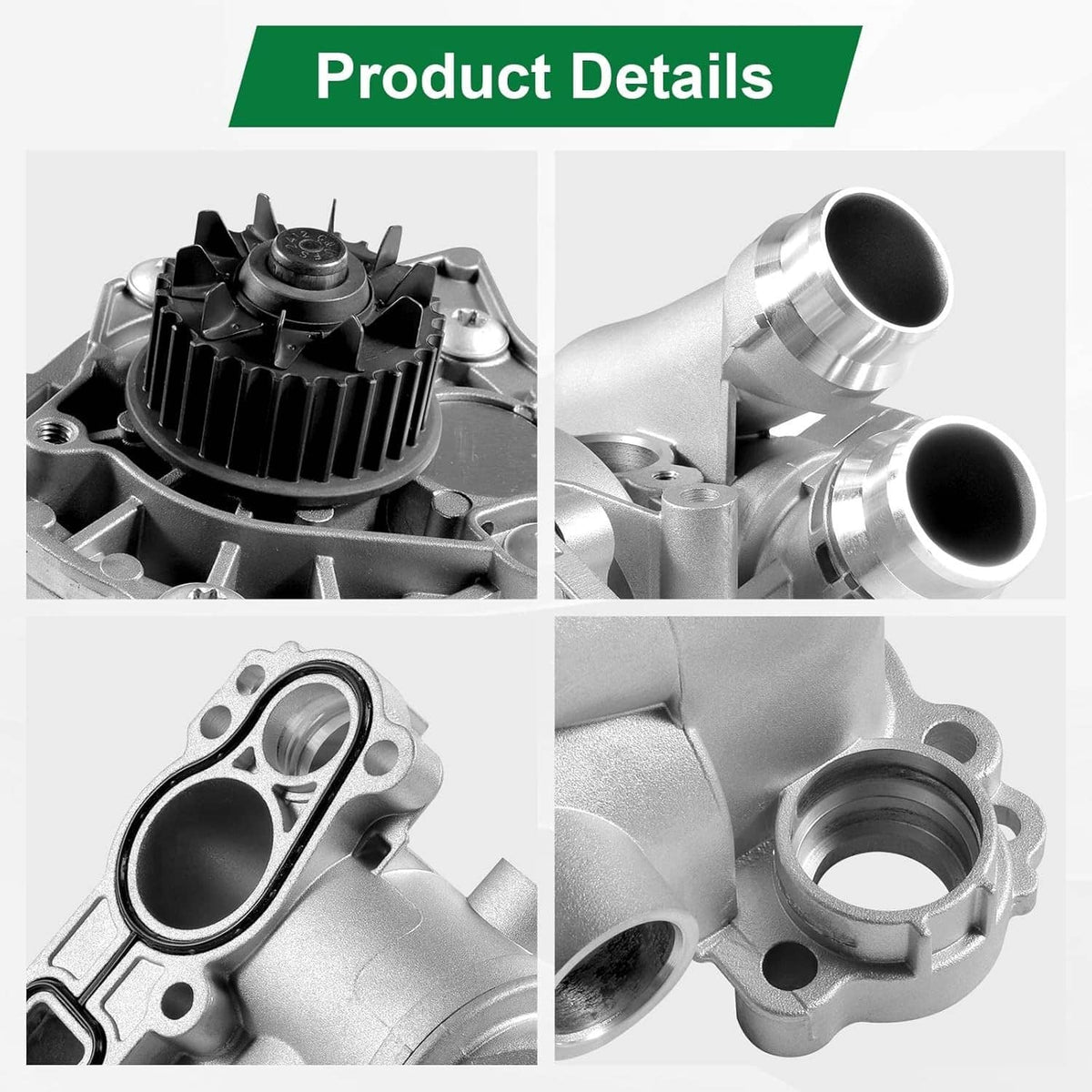 Water pump assembly component details, silver housing with thermostat ports and yellow pulley