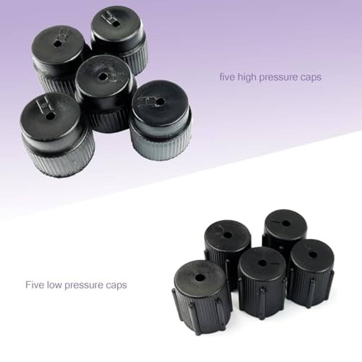 Mixed high- and low-pressure AC valve caps set; black ribbed caps with pinholes