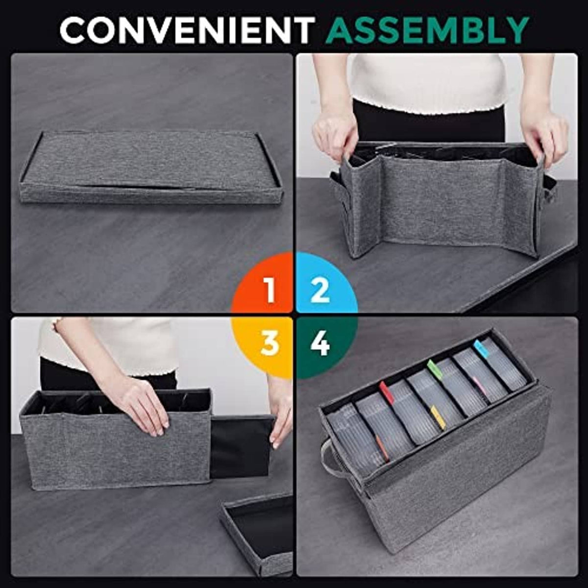 Gray CD storage box shown folded open with lid, compartments for disc sleeves