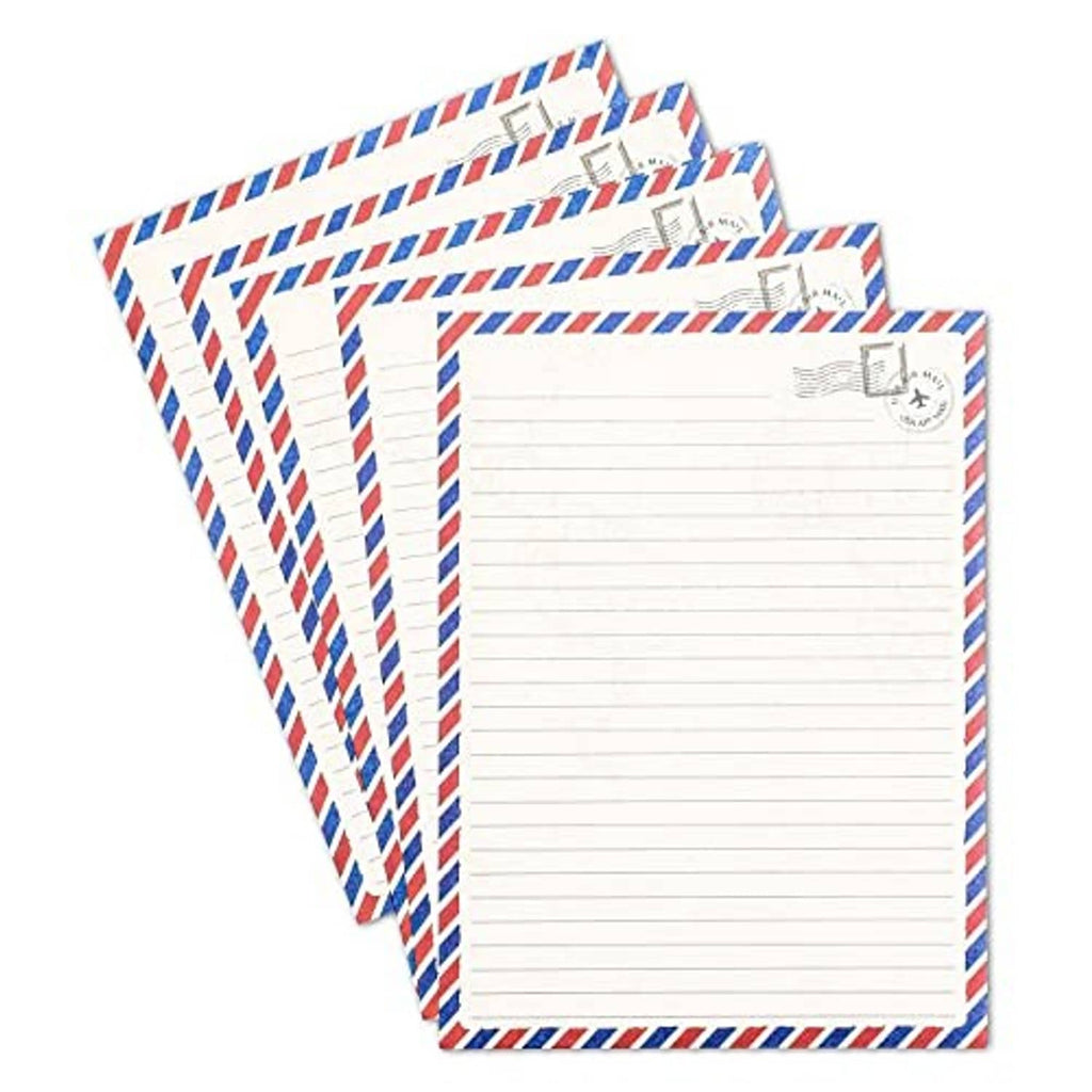 Set of lined letter sheets with blue, red, and white striped border
