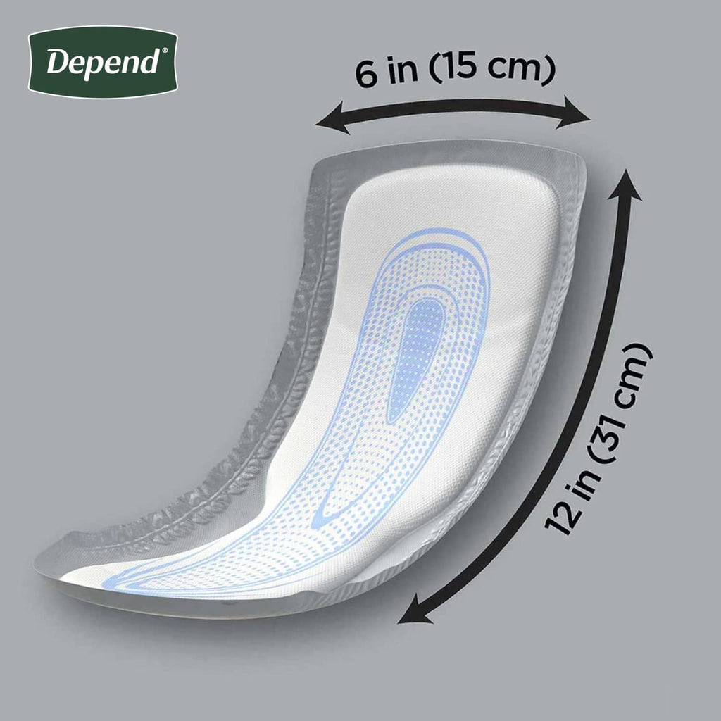 Men's incontinence guard with blue absorption channels, curved shape and size marks