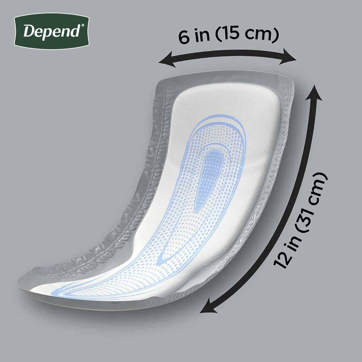 Men's incontinence guard with blue absorption channels, curved shape and size marks
