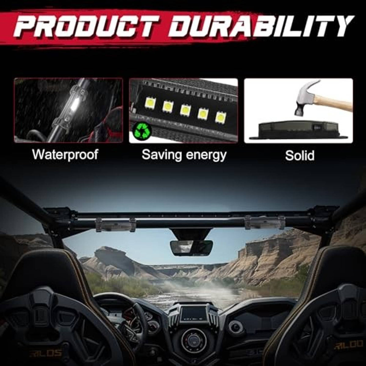 Black waterproof LED light bar with white LED row and durable strap mount