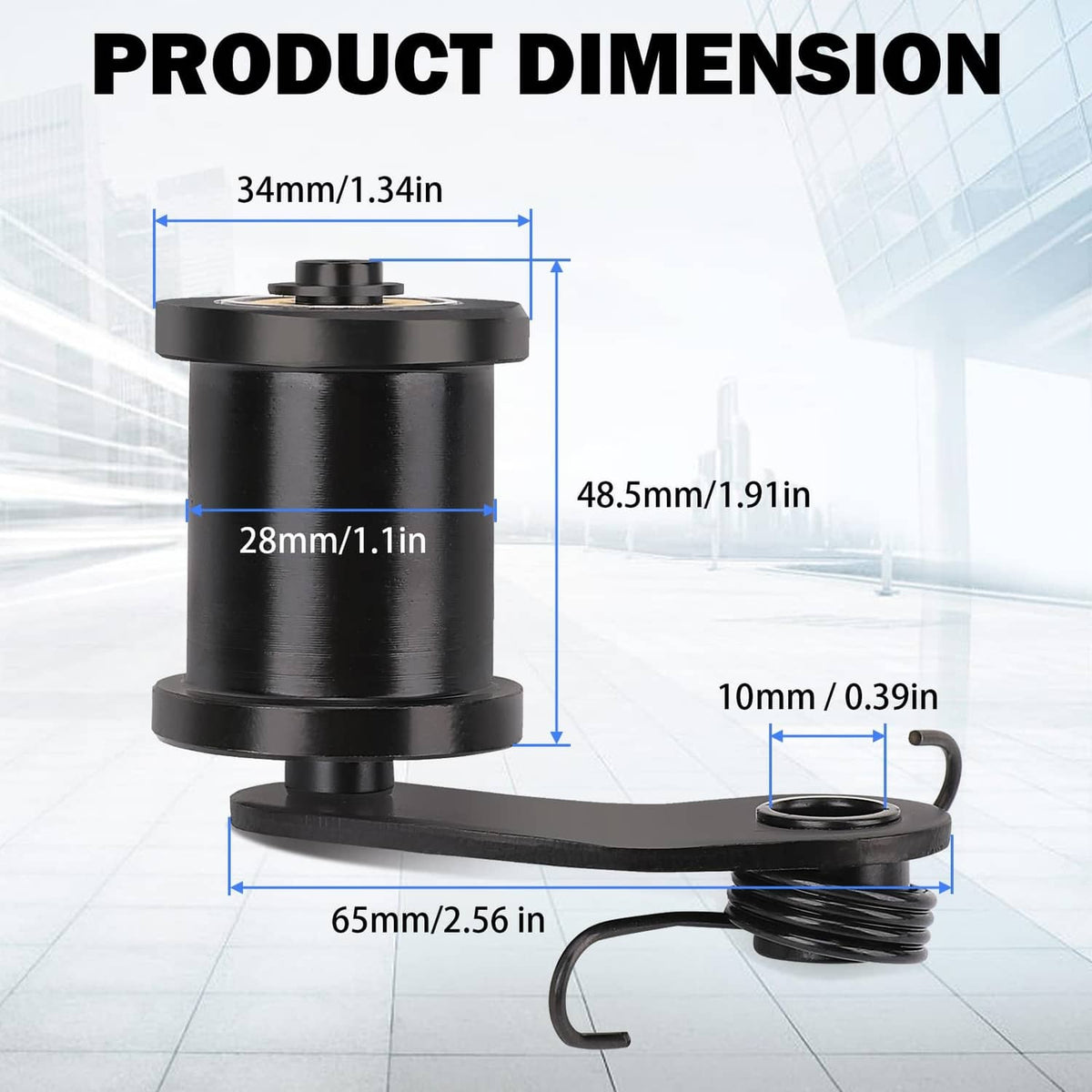 Black chain tensioner with roller and spring, shown with product dimensions