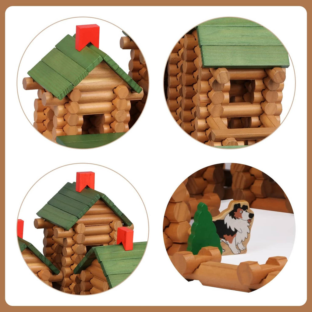 Wooden log house set close-ups of green roof panels and interior log detail