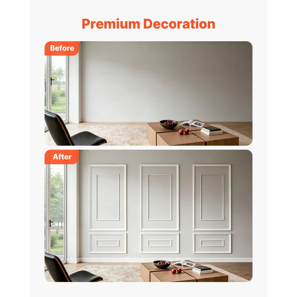 White wall molding panels installed on a wall, three framed door-style sections