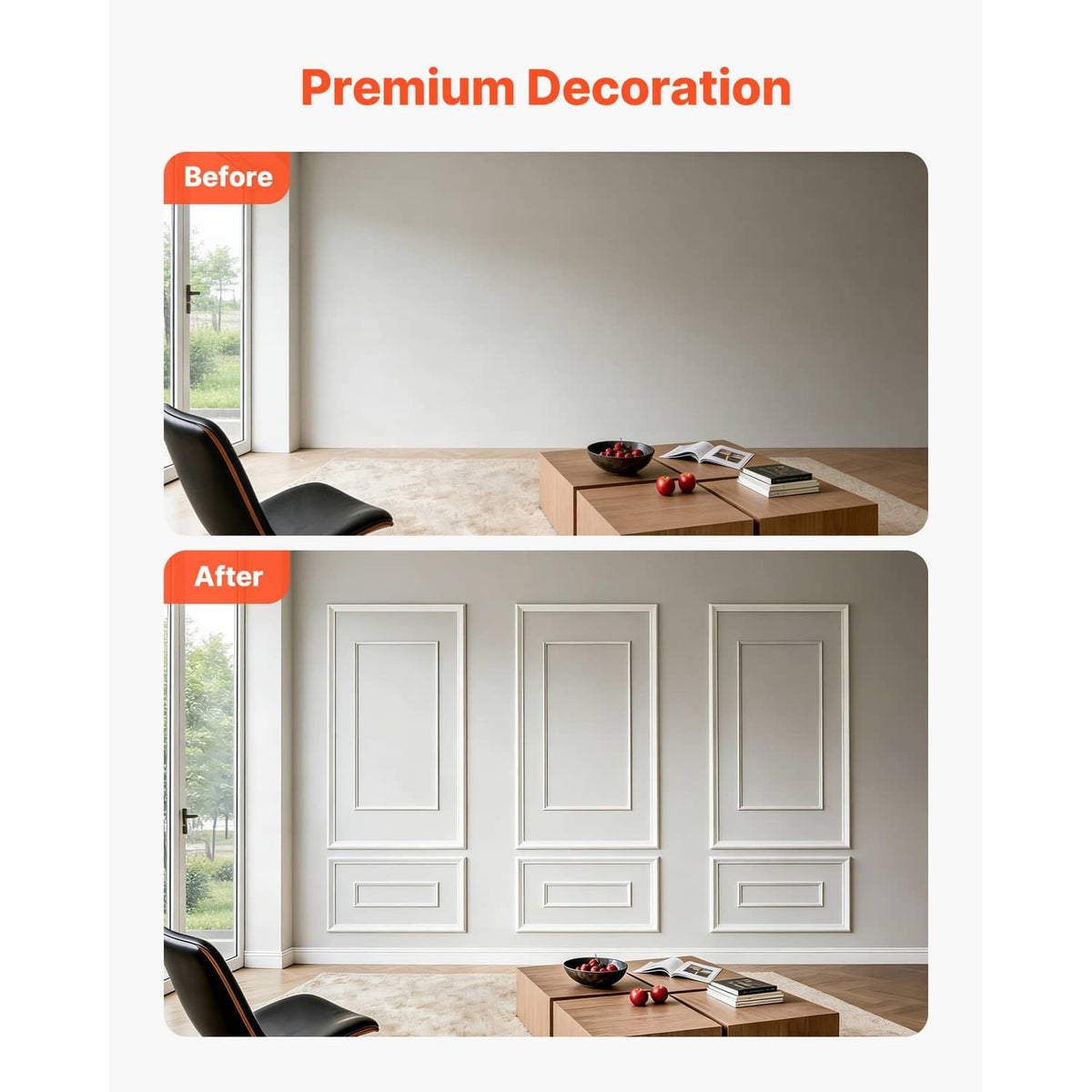 White wall molding panels installed on a wall, three framed door-style sections