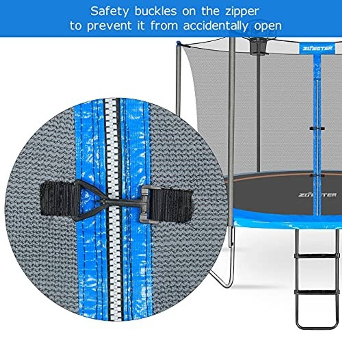Trampoline enclosure net zipper with safety buckle, black mesh and blue center panel