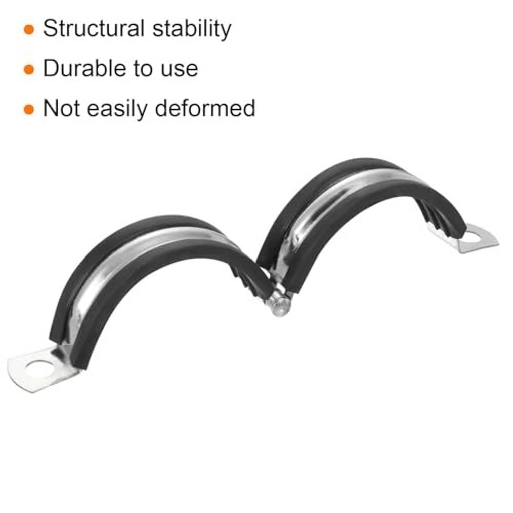 Two split ring pipe hanger straps with black rubber liners and silver bases