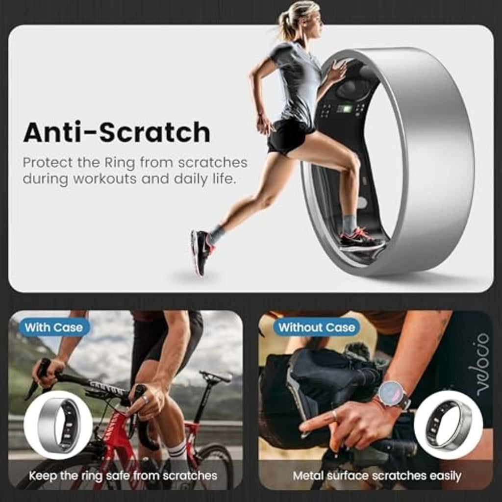 Silver anti-scratch ring cover with clear panel, shown with and without storage case