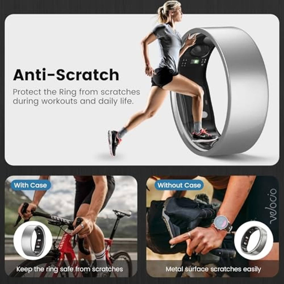 Silver anti-scratch ring cover with clear panel, shown with and without storage case
