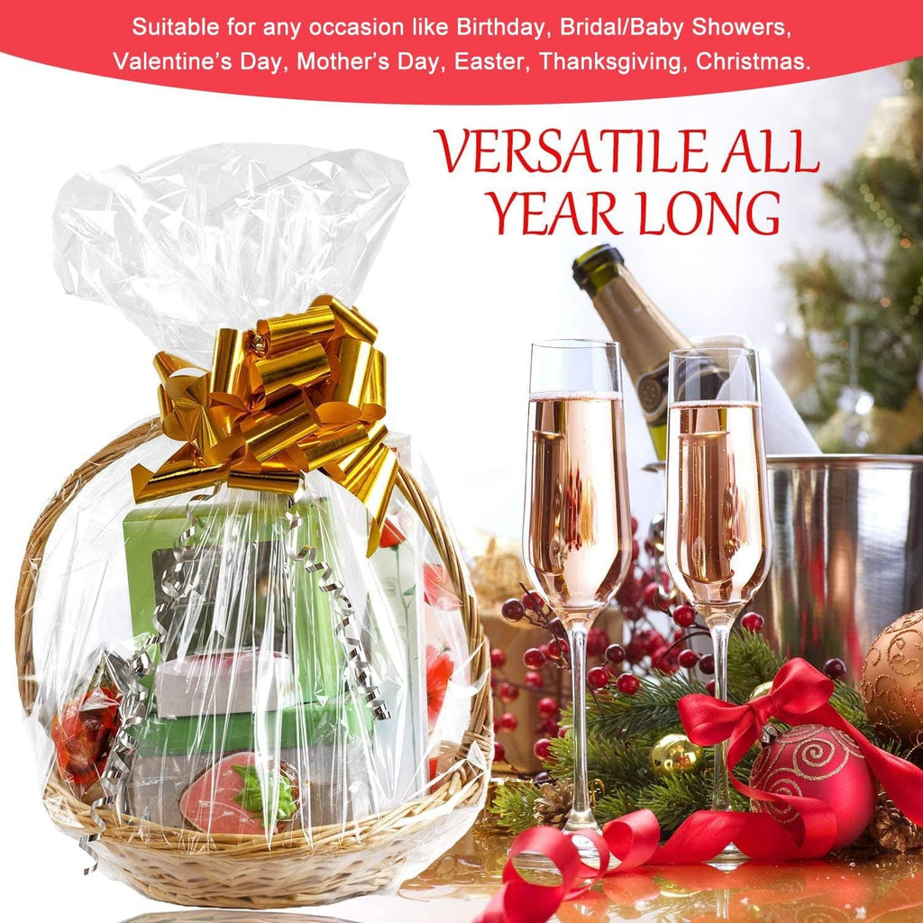 Clear PVC shrink wrap bag covering a gift basket with ribbon and gifts