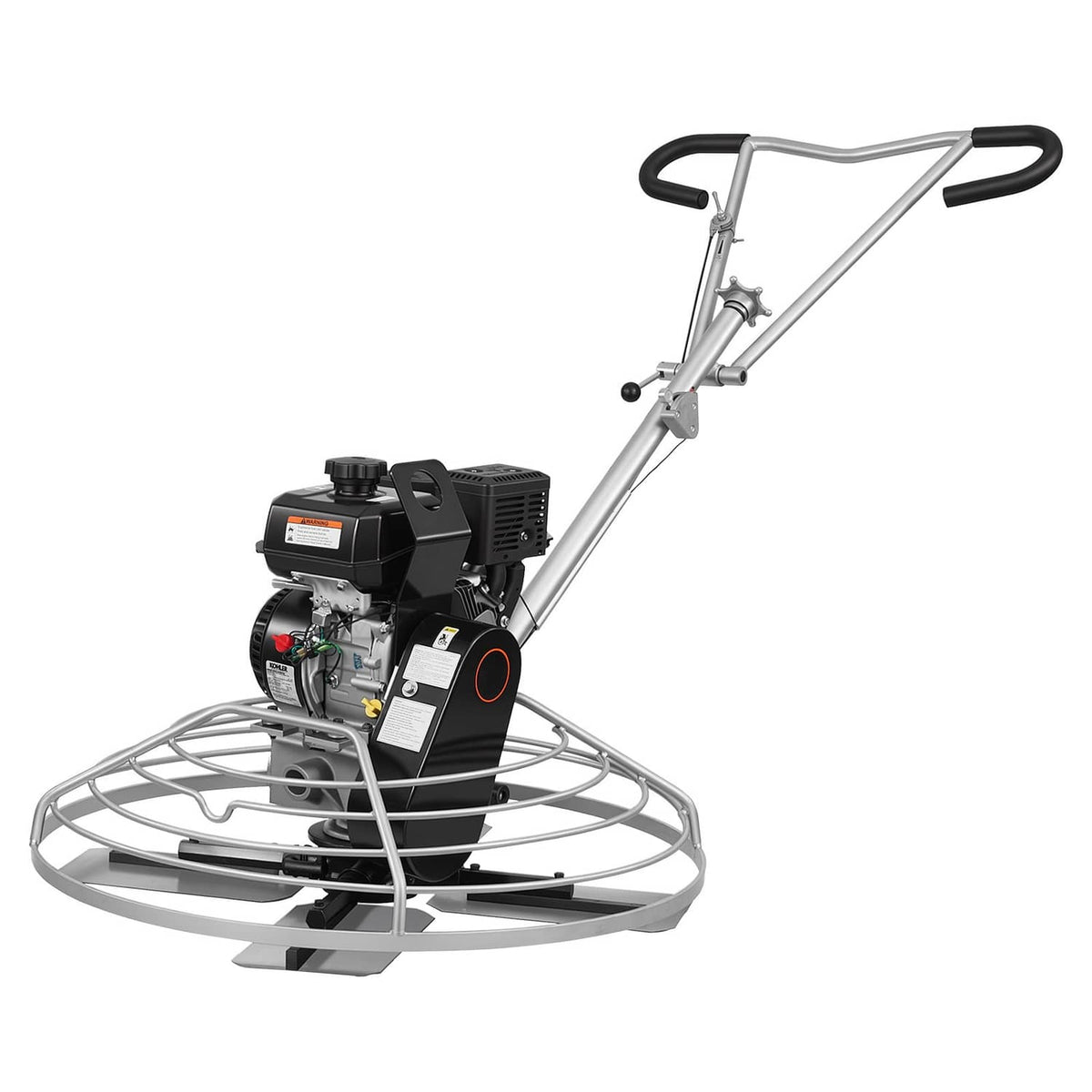 Gas concrete power trowel with protective cage and upright handle, black engine