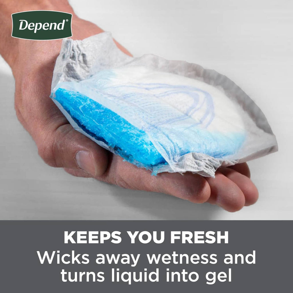 Men's incontinence guard showing blue liquid-to-gel center, hands holding the pad